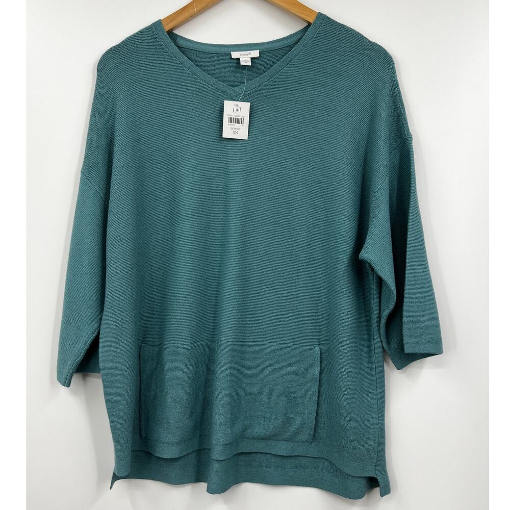 J.‎ Jill Sweater Seamist V-Neck 3/4 Sleeve Knit Silk Wool Pullover Size XS New